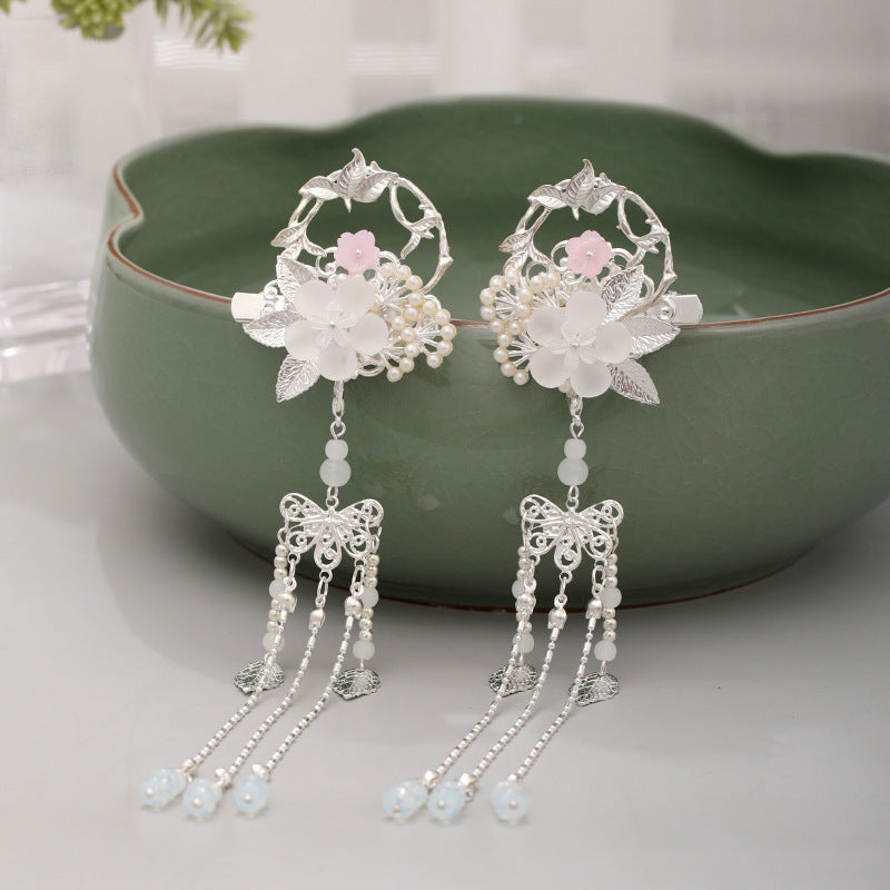 Fringed jade flower pearl hairpin Hanfu hair accessory