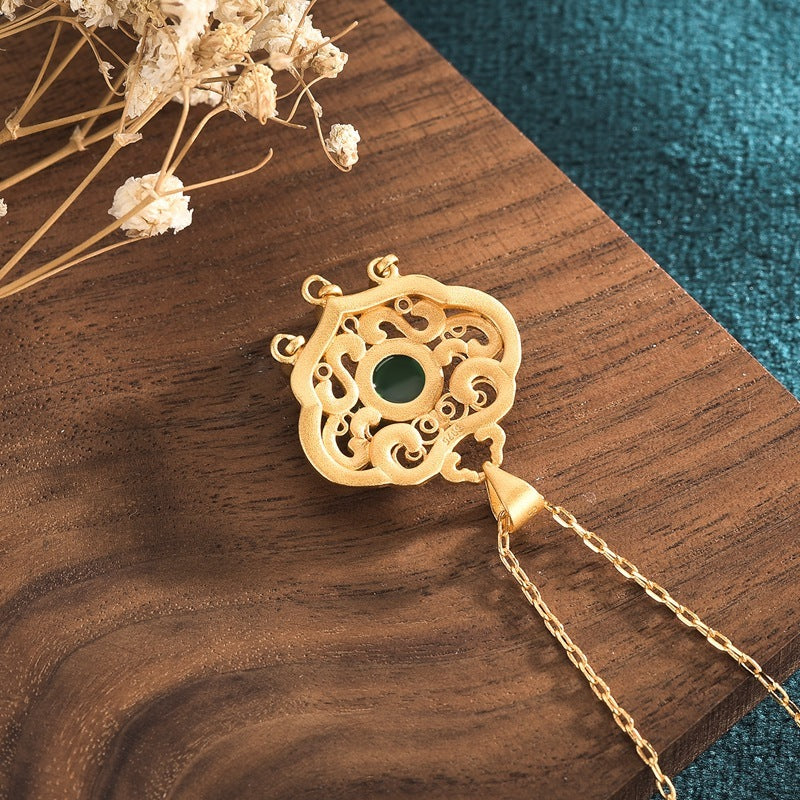 Ancient Gold Filigree Ruyi Wishful Lock Women's Necklace-4
