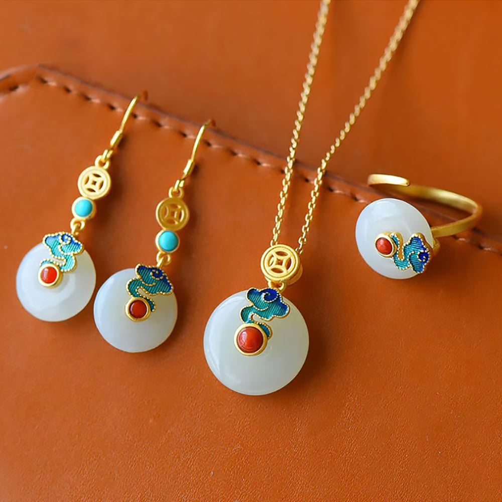 Hetian Jade Jewelry Set with Safe Buckle Pendant, Earrings & Ring-3