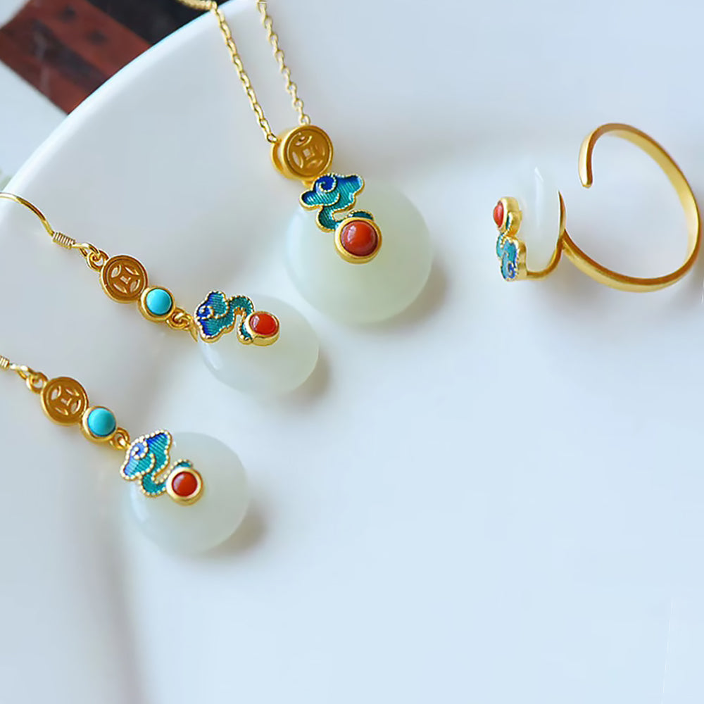 Hetian Jade Jewelry Set with Safe Buckle Pendant, Earrings & Ring-2