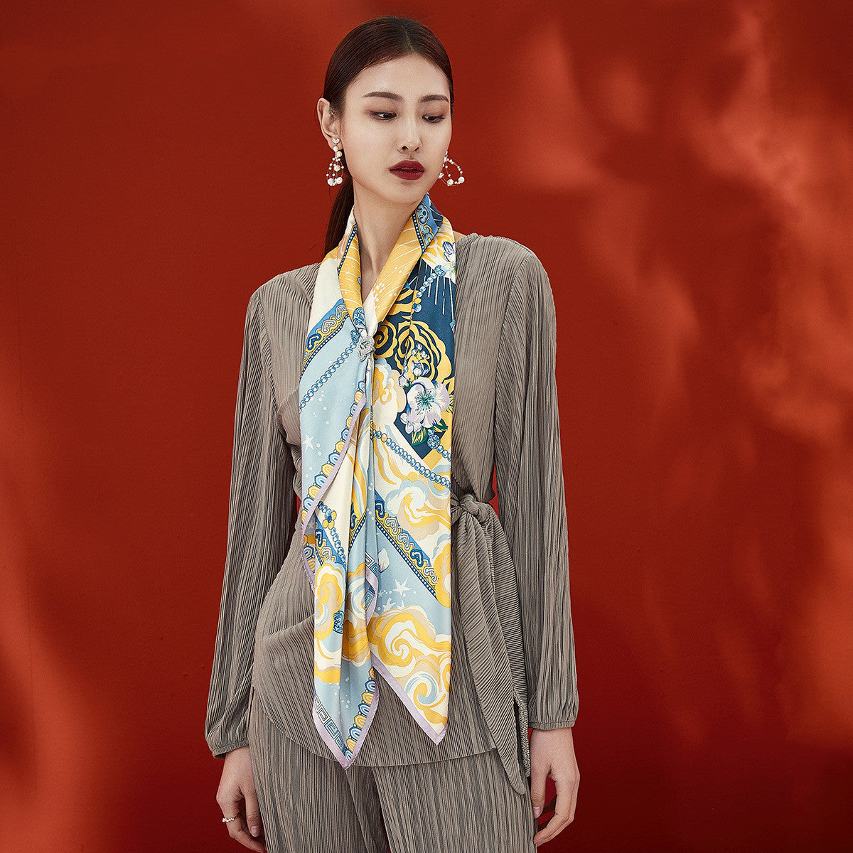 Satin silk square scarf with printed decorative edges