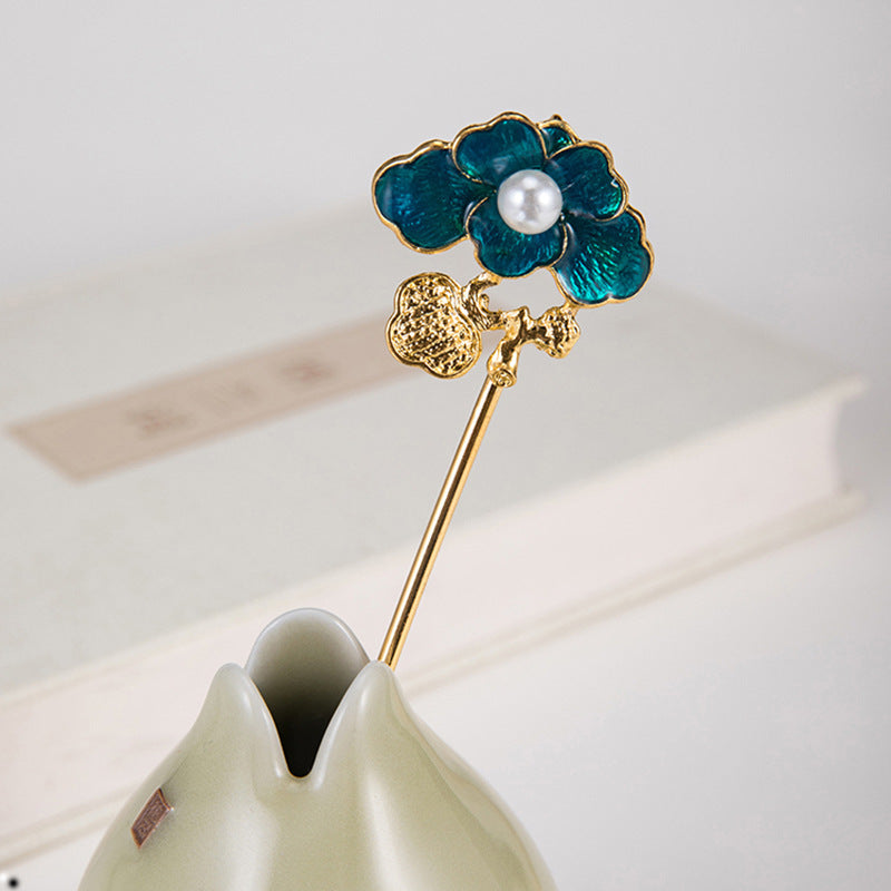 Burning blue Hanfu hairpin with flower design