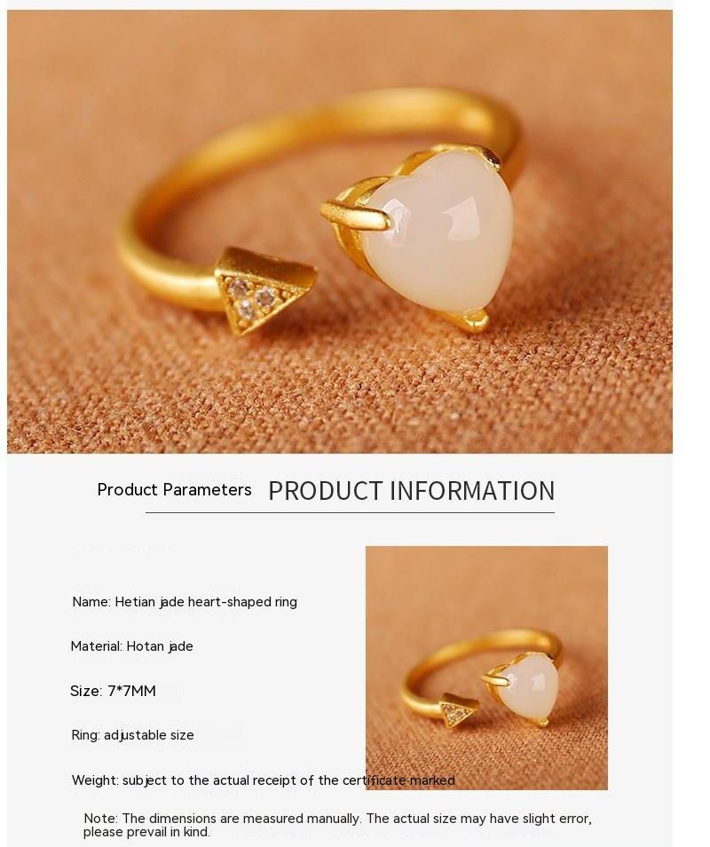 Fresh Hetian Jade Heart-shaped Open Ring Female Minimalist Design White Jade