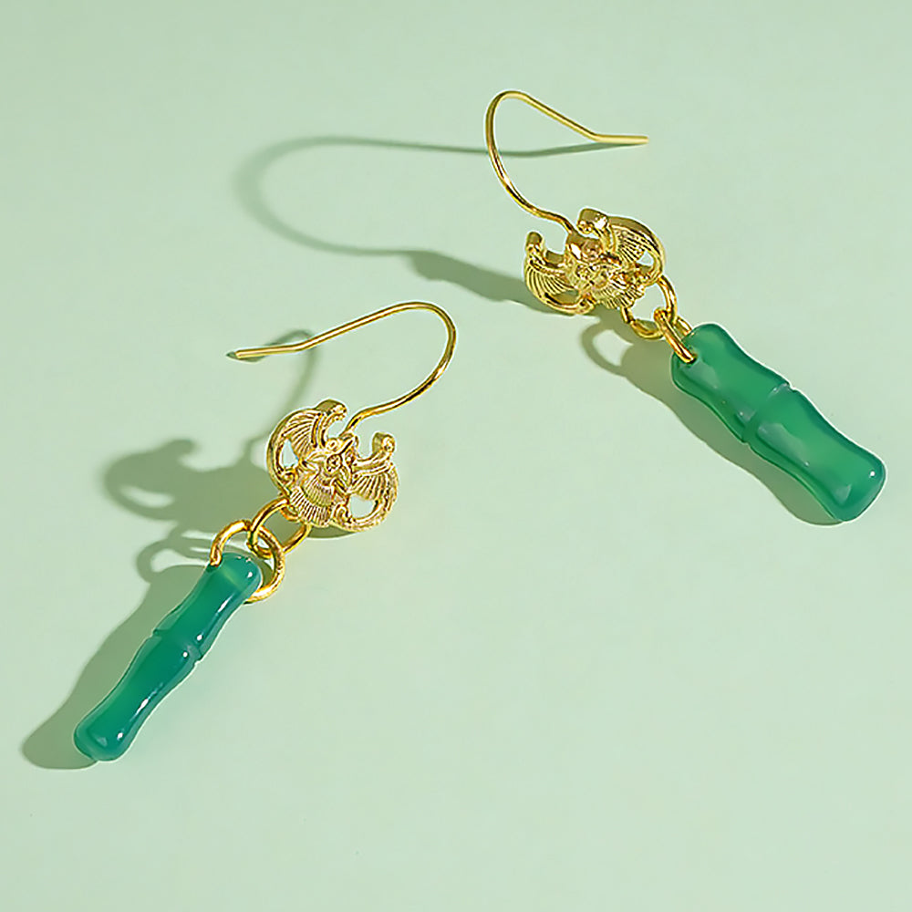 Green Bamboo Agate Earrings Chinese Cultural Jewelry for Women-2