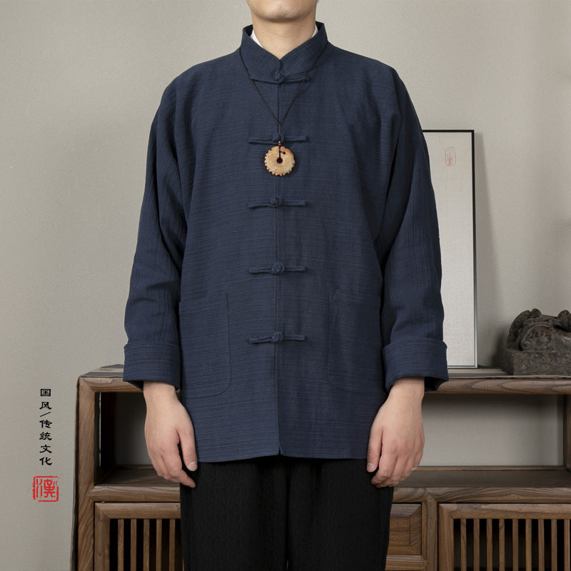 Autumn Winter Cotton and Linen Stand-up Collar, New Chinese Disc Buckle Men's Tang Jacket