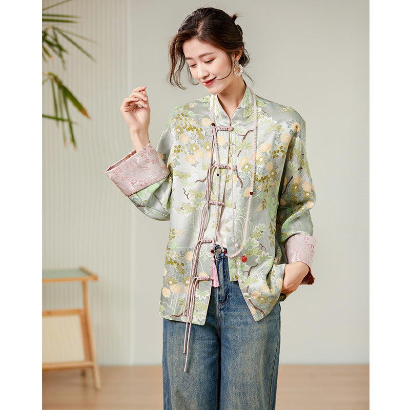 New Chinese style ethnic style 32 momme heavy silk tops women's autumn tang suit clothing