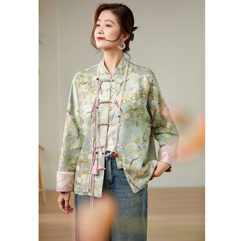 New Chinese style ethnic style 32 momme heavy silk tops women's autumn tang suit clothing
