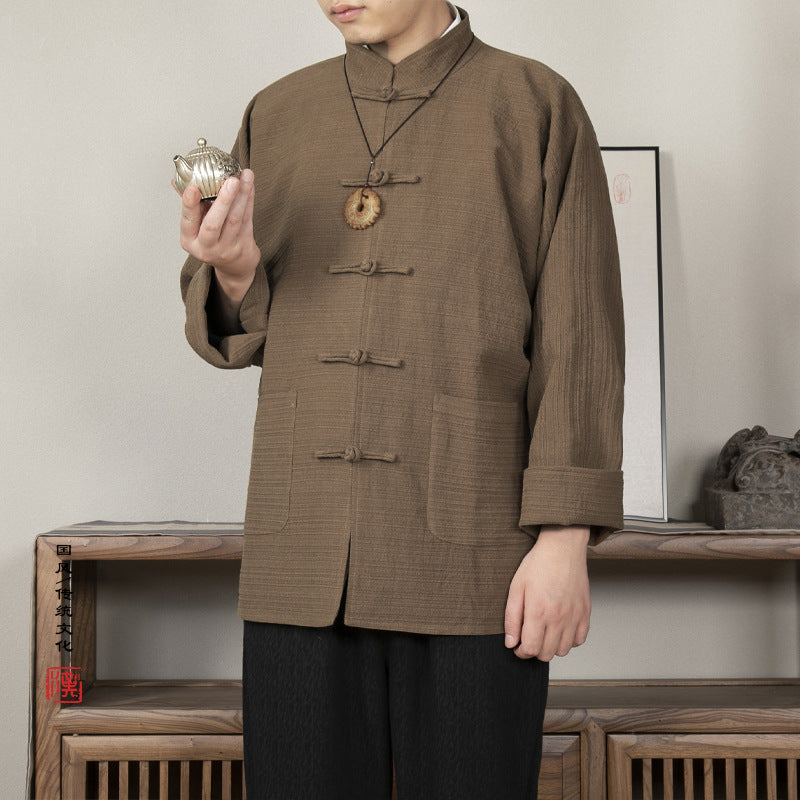 Autumn Winter Cotton and Linen Stand-up Collar, New Chinese Disc Buckle Men's Tang Jacket
