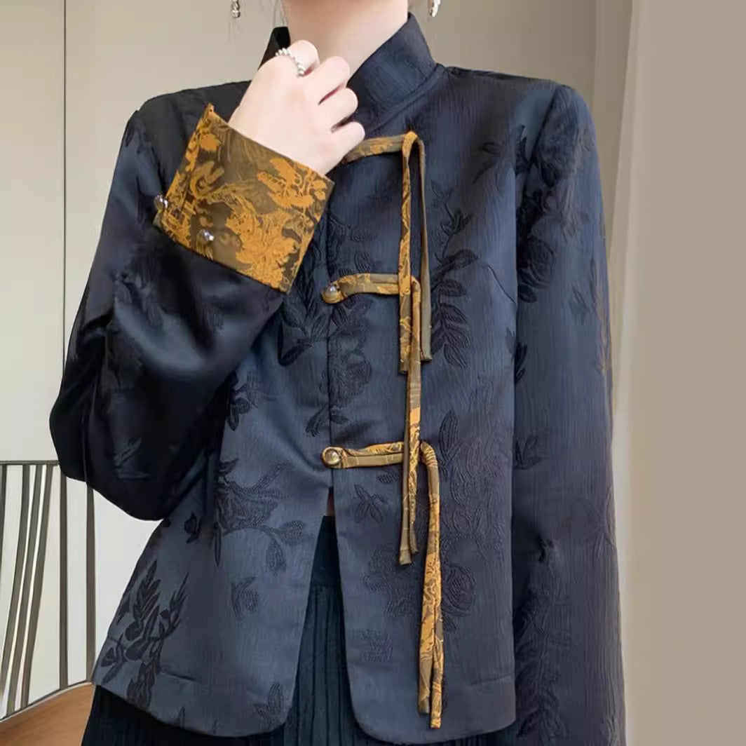 Spring new retro Tang jacket versatile color-blocked buckle suit women's high-end sense of new Chinese style coat