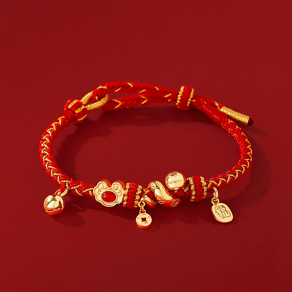 Zodiac Snake Red Rope Bracelet Red Agate Gold-Plated Charm-1