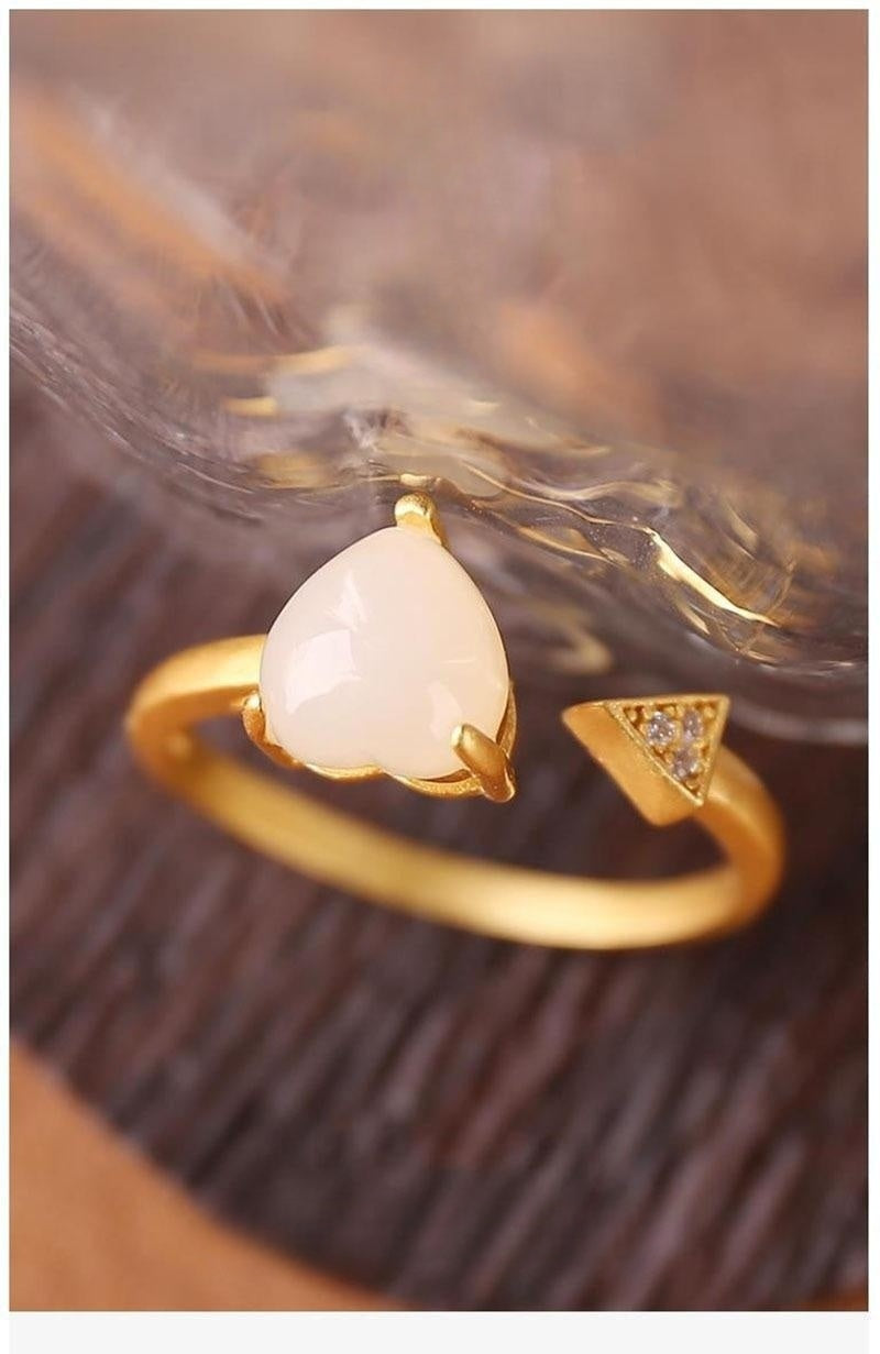 Fresh Hetian Jade Heart-shaped Open Ring Female Minimalist Design White Jade