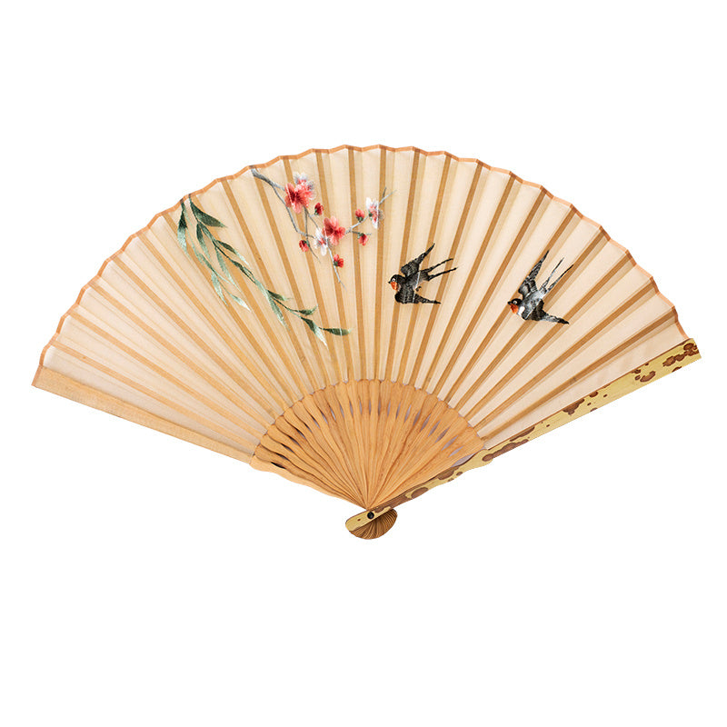 Silk folding fan with bamboo ribs and floral embroidery