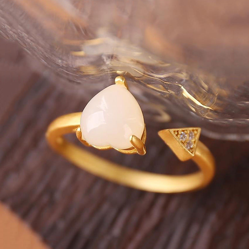 Fresh Hetian Jade Heart-shaped Open Ring Female Minimalist Design White Jade
