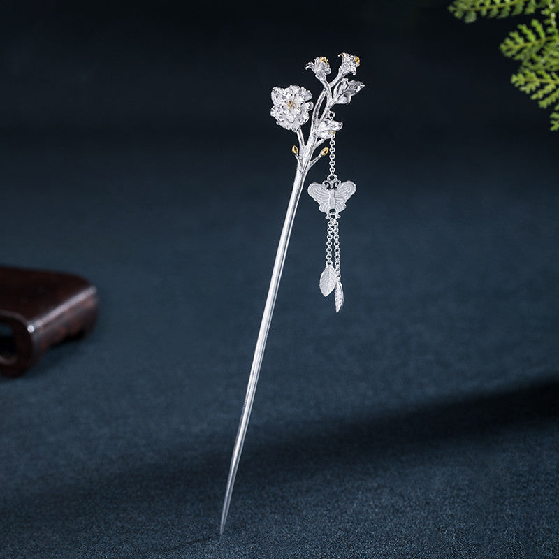 Chinese flower hairpin in silver with monthly floral symbols