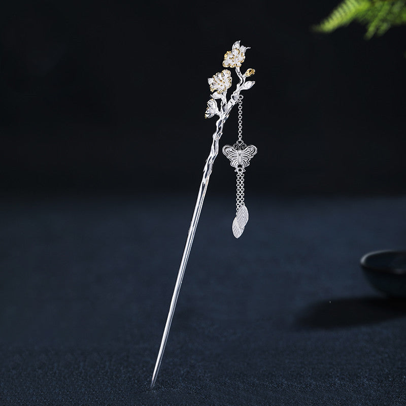Chinese flower hairpin in silver with monthly floral symbols