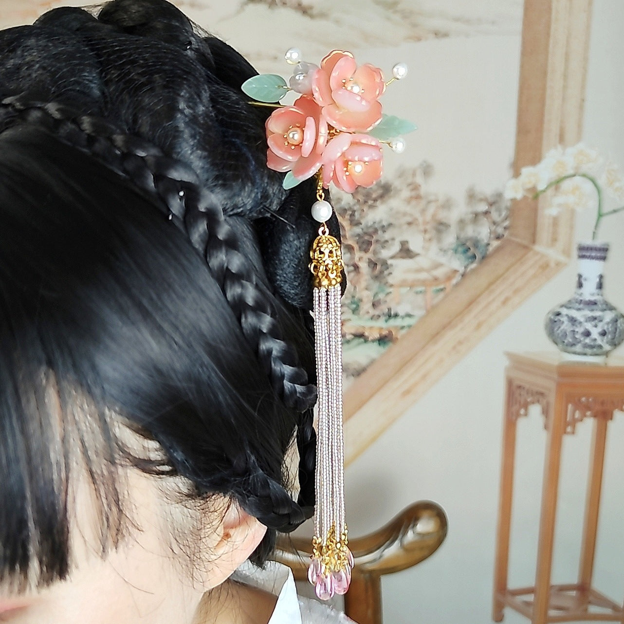 Chinese flower hairpin with plum blossom and tassels