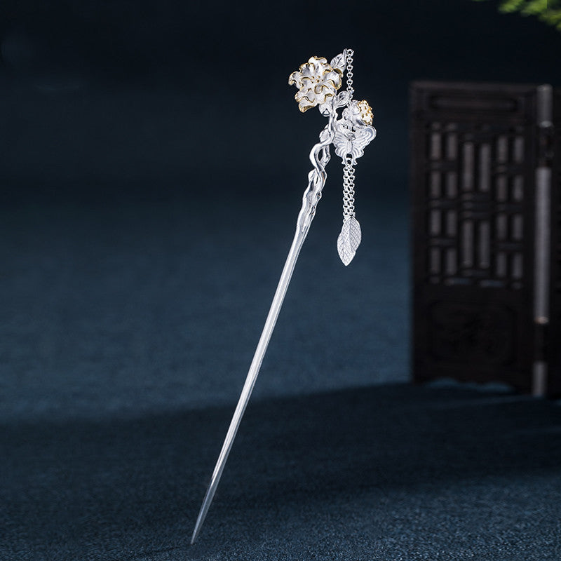 Chinese flower hairpin in silver with monthly floral symbols
