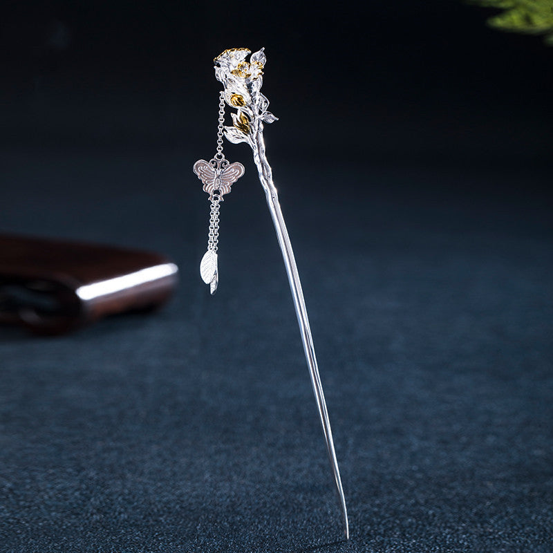 Chinese flower hairpin in silver with monthly floral symbols