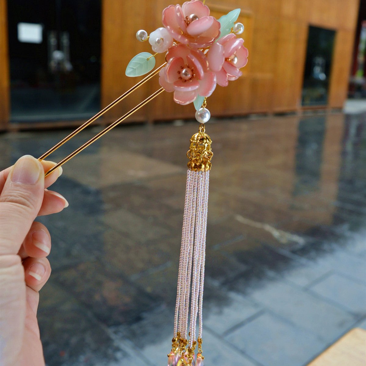 Chinese flower hairpin with plum blossom and tassels
