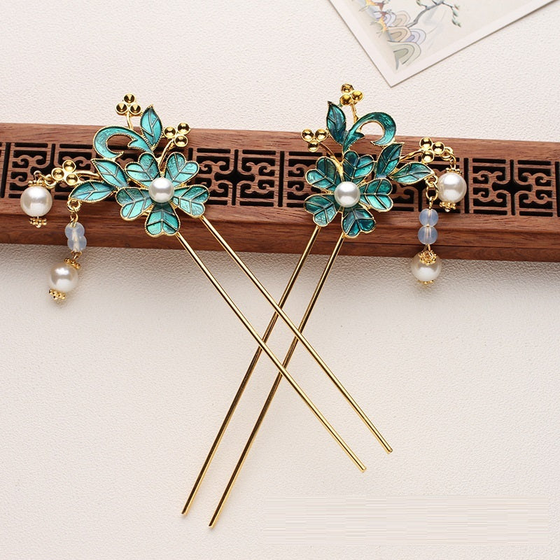 Burning blue Hanfu hairpin with flower design
