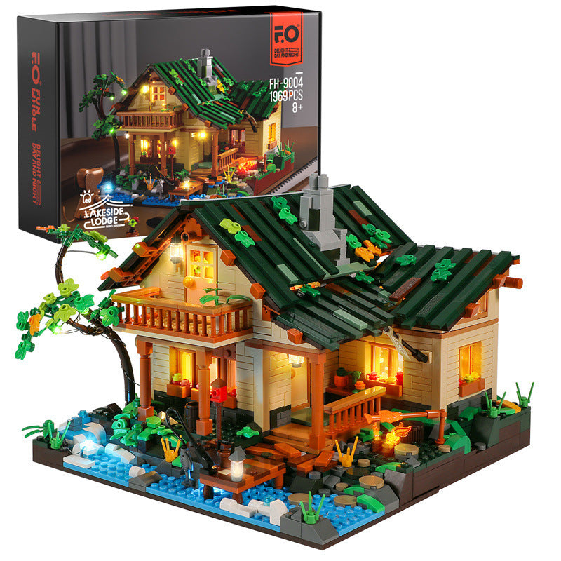 The Lakeside Hut Is Equipped With LED Lighting Puzzle Assembly Building Block Lighting Toys