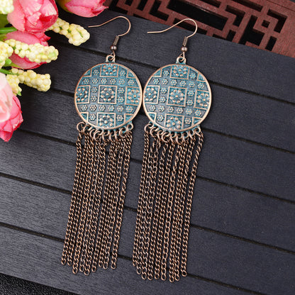 Chinese Retro Ethnic Style Exaggerated And Personalized Totem Pattern Creative Alloy Long Fringe Earrings