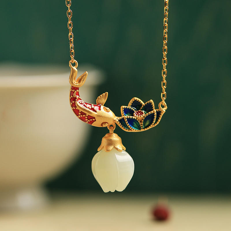 Koi Lotus Jade Pendant Necklace