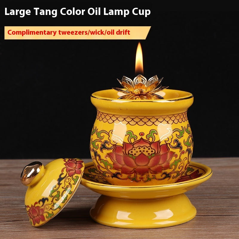 Ceramic Oil Lamp for Home Use in front of Buddha