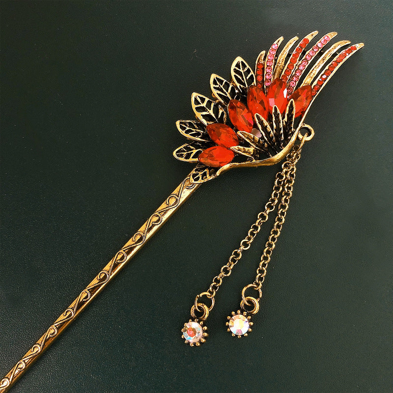 Feather Rhinestone  Long Tassel Super Fairy Retro Hanfu Ancient Costume Coil Hair Headdress Bride Hairpin