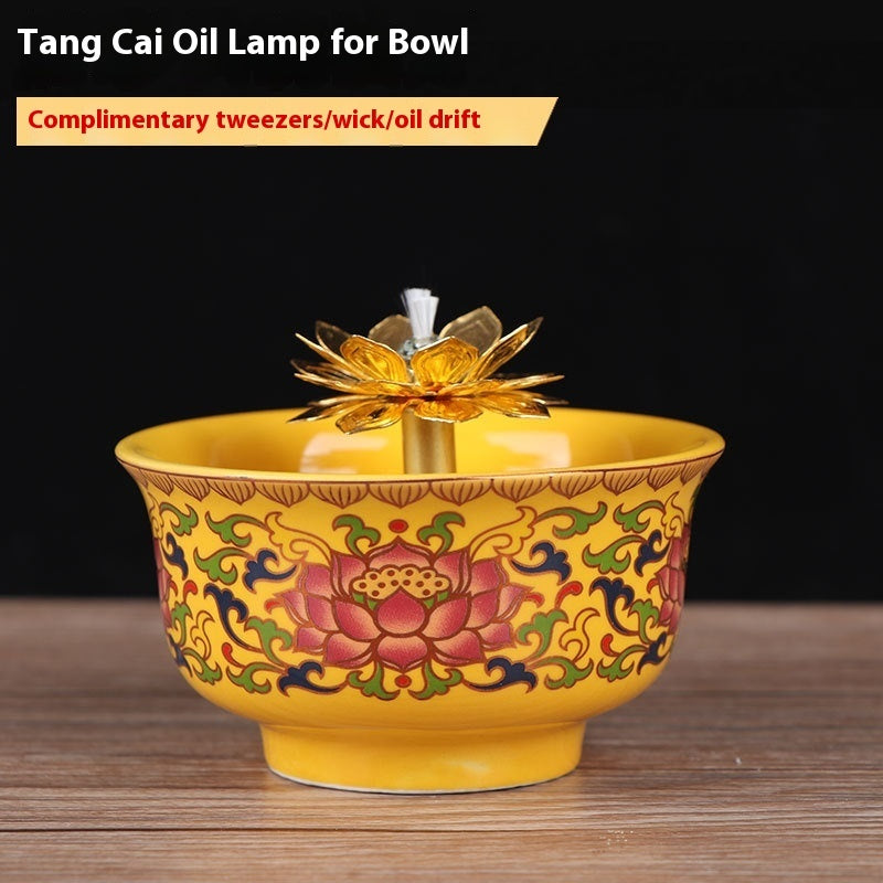 Ceramic Oil Lamp for Home Use in front of Buddha