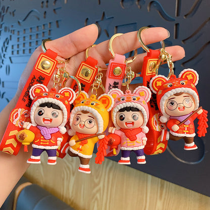 Chinese New Year Lantern Firecracker Cute Tiger Head Doll Keychain