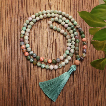 108 Natural Stone Long Tassel Necklace Indian Agate Necklace