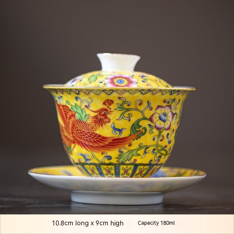 Enamel Ceramic Gaiwan Dragon And Phoenix Tea Cup