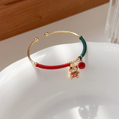 Chinese Style Antique Winding Red String Kitten Pendant Bracelet