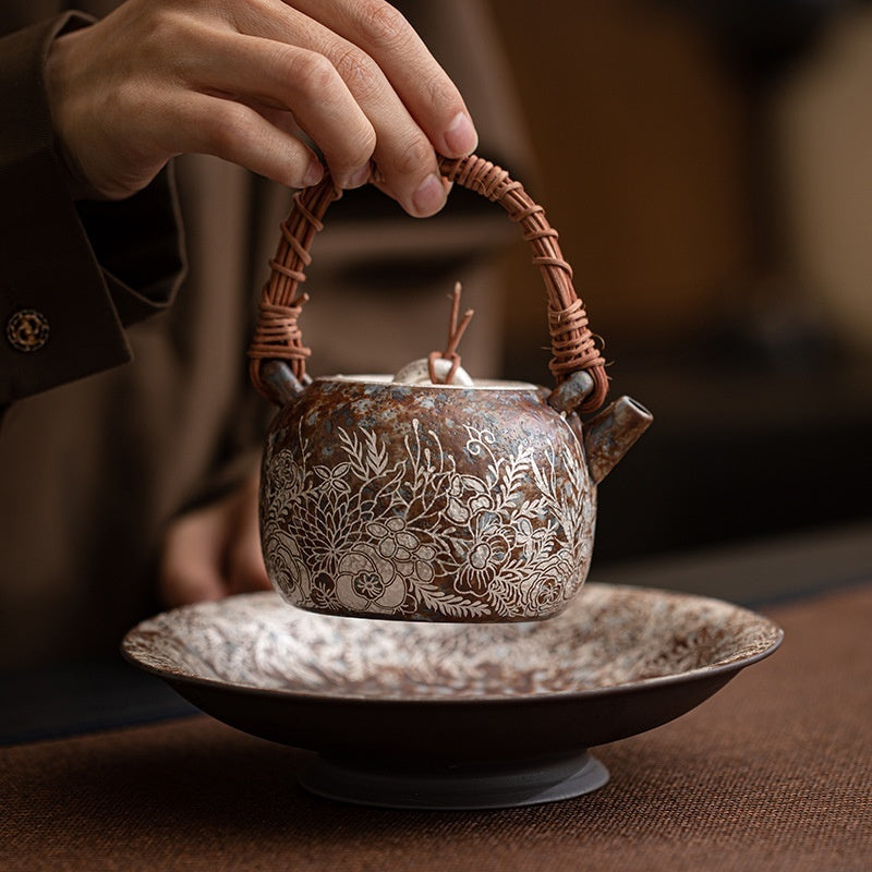 Old Rock Clay Flowers Silver Gilded Rattan Loop-handled Teapot Retro Domestic Teapot Single Teapot Kung Fu Tea Set