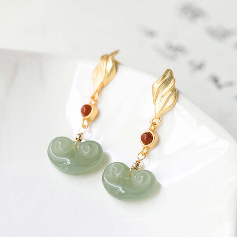 Gold-plated Inlaid Hetian Gray Jade Earrings Personality Southern Red