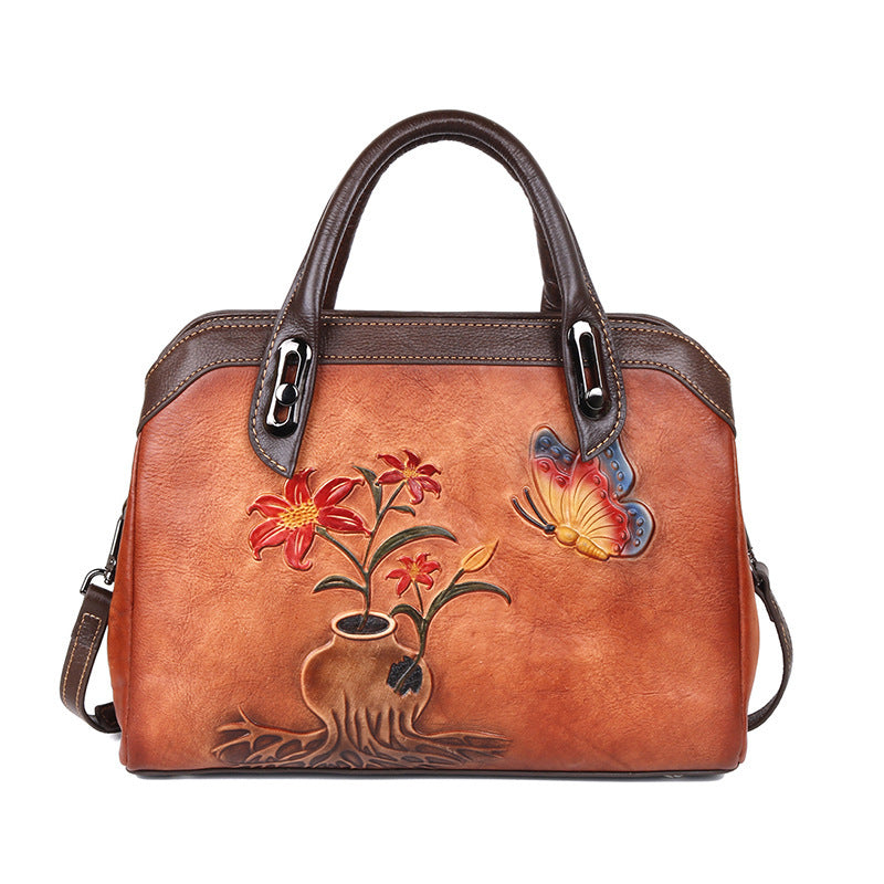 Chinese Style Vintage Flower Leather Handbag