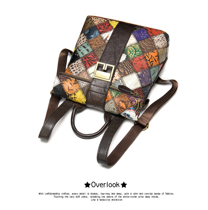 The First Layer Cowhide Ethnic Style Stitching Covered Backpack