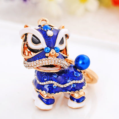 Chinese cute lion dance alloy keychain rotating lion dance car ornaments