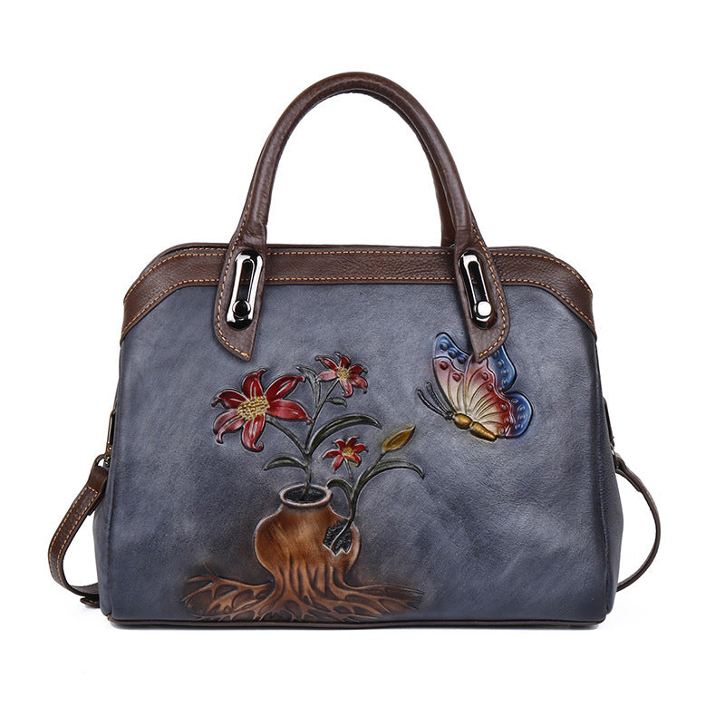 Chinese Style Vintage Flower Leather Handbag