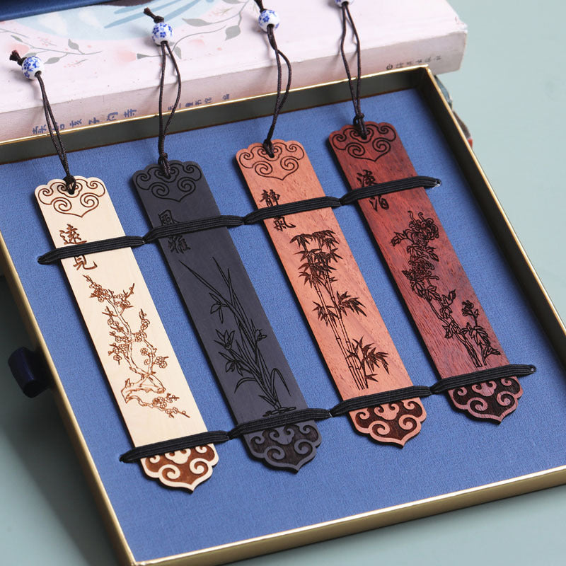 Four Gentlemen with Chinese Painting Solid Wood Engraving Bookmark