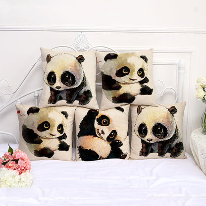 Linen Cartoon Panda Pillow Case Cushion Cover-1