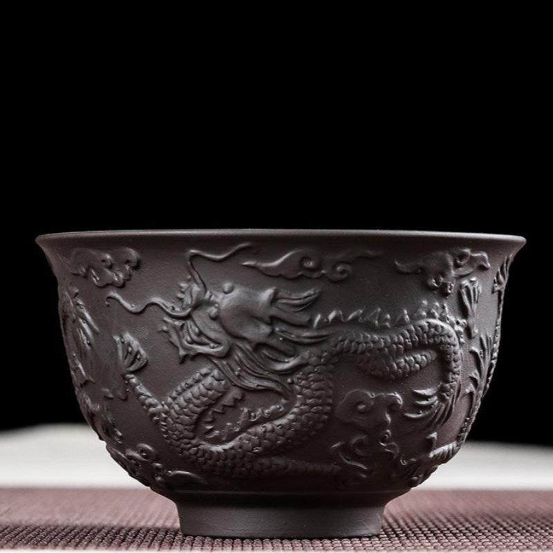 Chinese Dragon Embossed Handmade Purple Clay Teacups-7