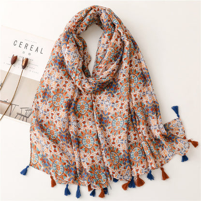 Retro Ethnic Style Voile Cotton And Linen Feel Scarf Women's Thin Type Sunscreen Shawl