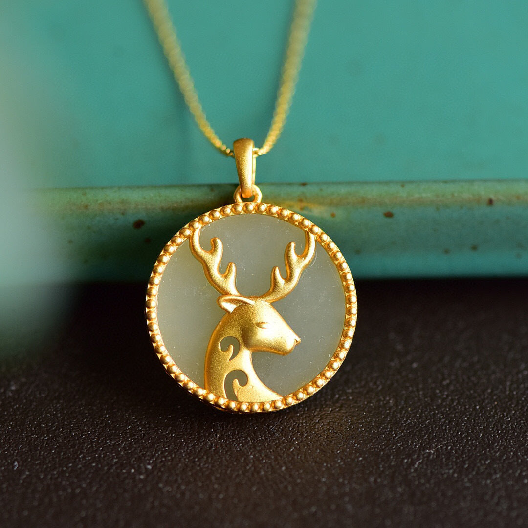 A Natural Hetian Jade Deer Round Pendant Set In Antique Gilt