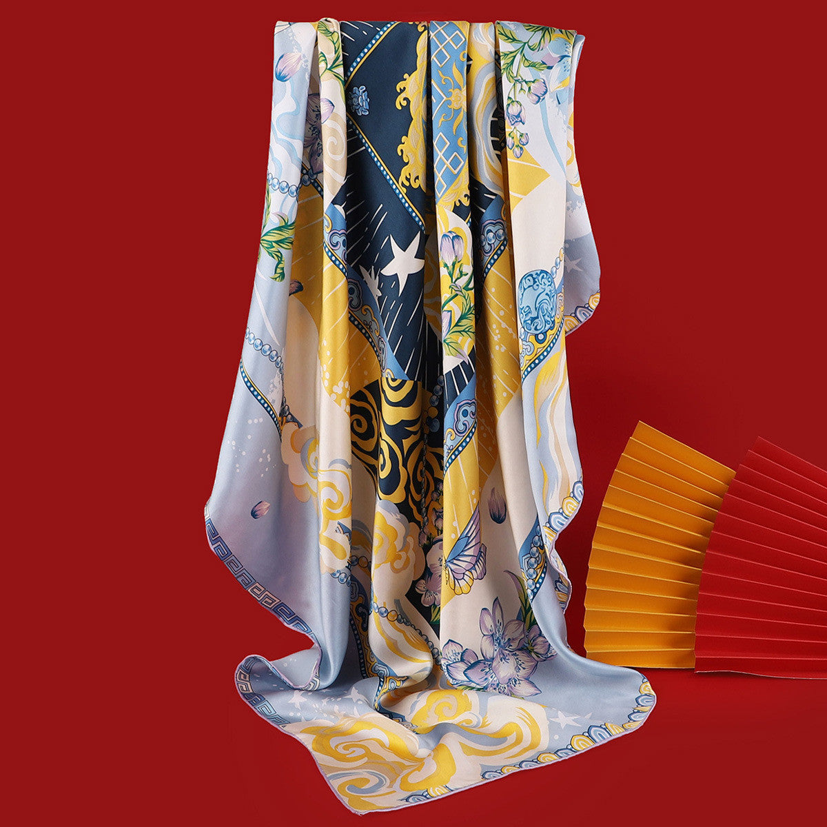 Satin silk square scarf with printed decorative edges