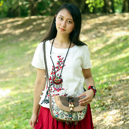 Female Ethnic Style Leather Messenger Dumpling Bag