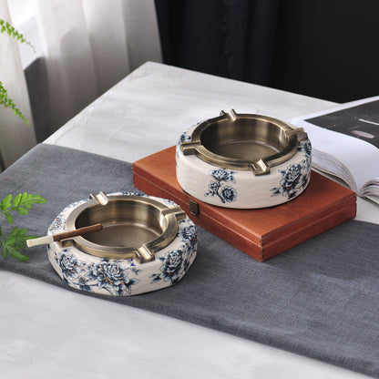 Creative New Chinese Ceramic Metal Blue And White Household Ashtray