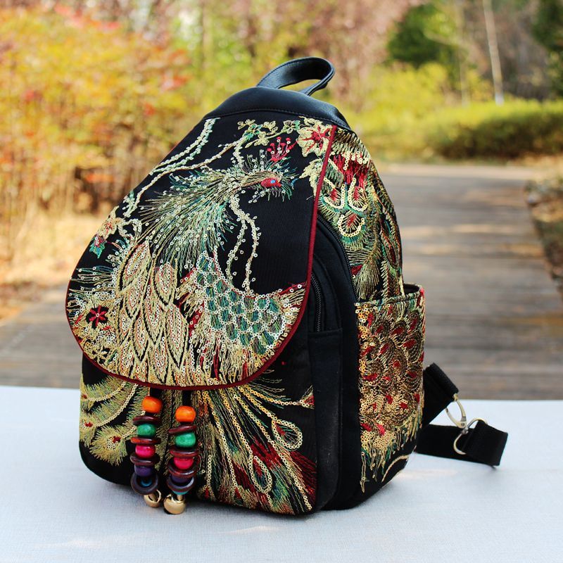 Ethnic Style Embroidery Bag Sequins Retro Handbags Phoenix Peony Fashion School Bag