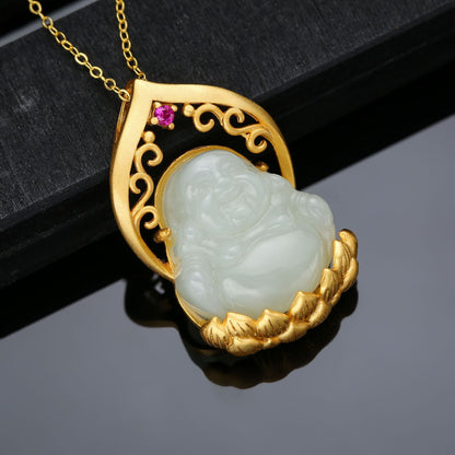 Ancient French Silver S925 Gold Inlaid Hetian Jade Pendant